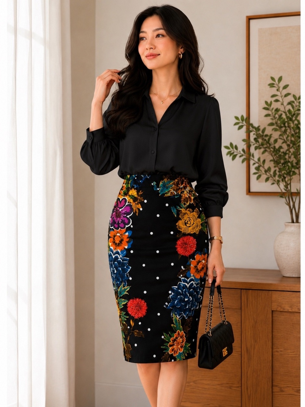 Yoana Baraschi Embroidered Floral Pencil Skirt Black Multicolor Size 2